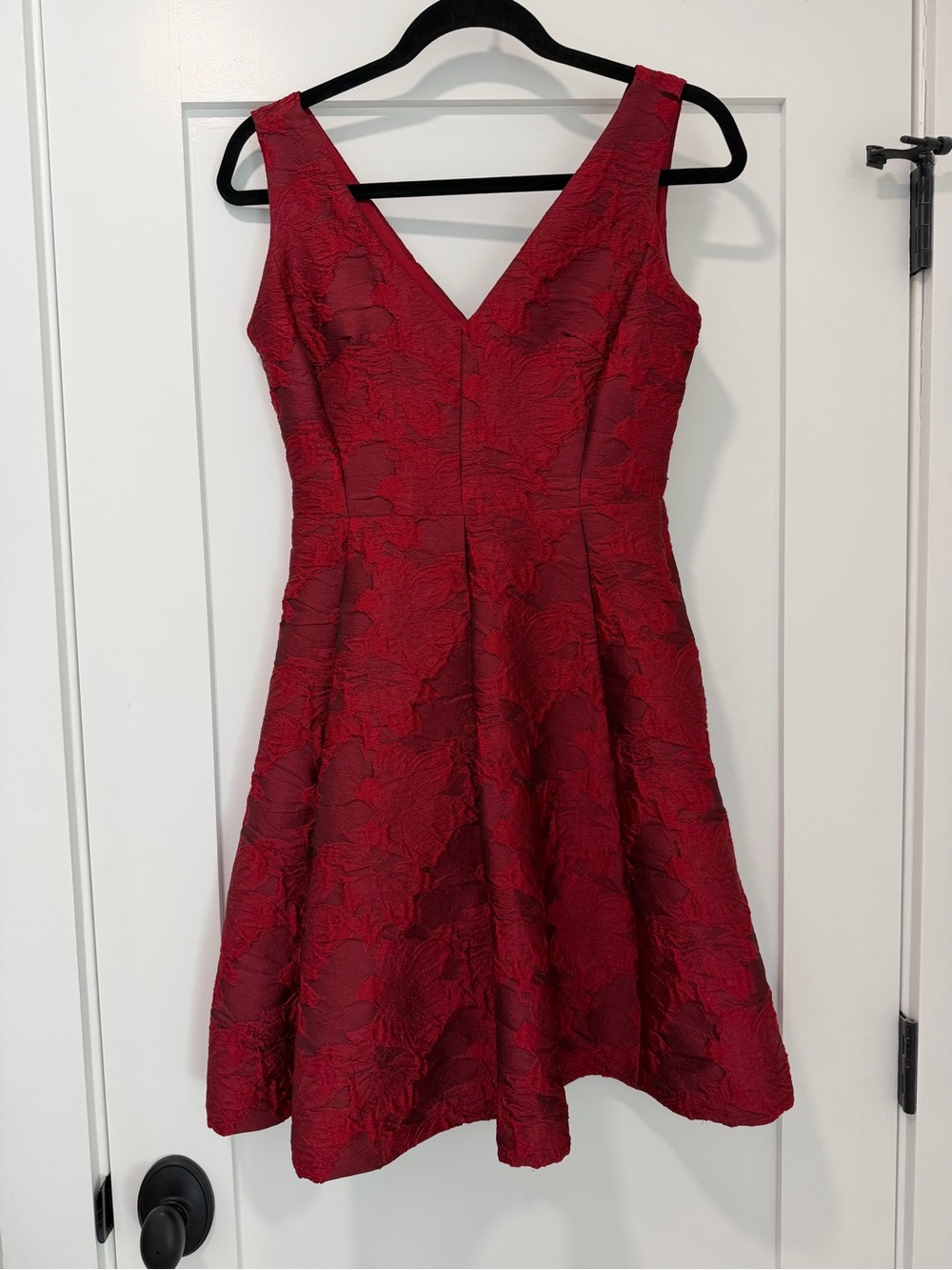 Elegant V-Neck Red Jacquard Floral Fit & Flare Dress